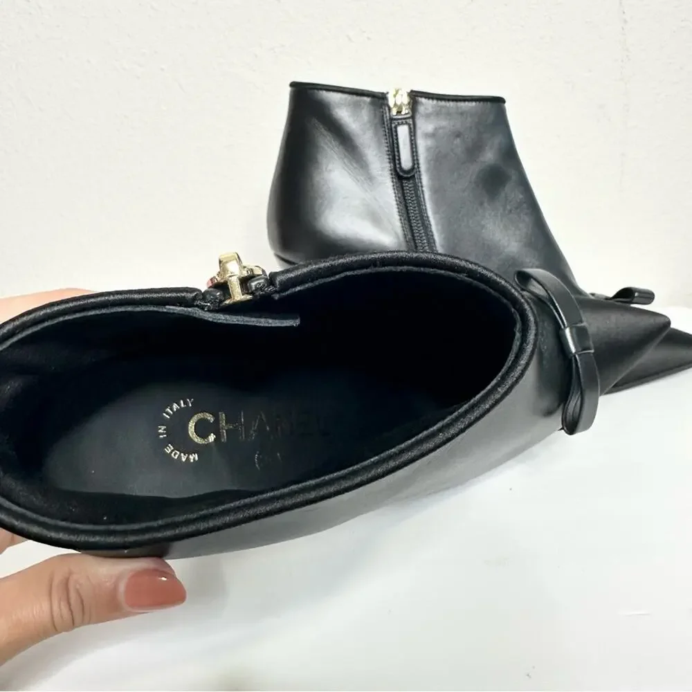 CHANEL Black Ankle Boots Size 37 CC Logo Bow Accent